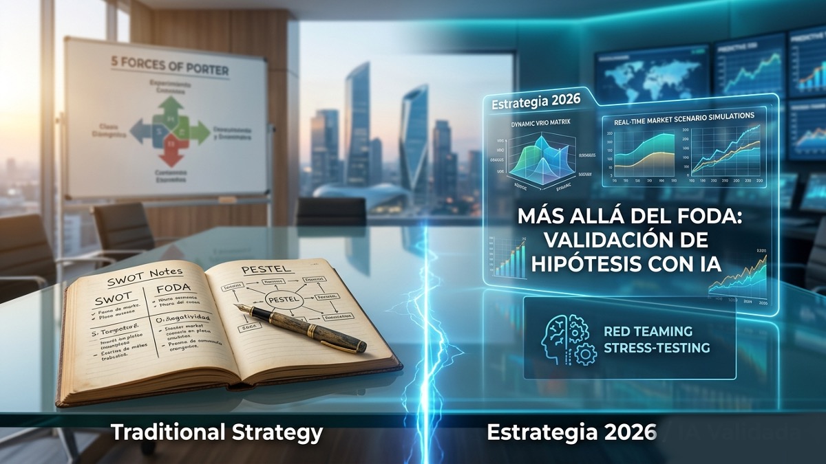 Comparativa entre análisis estratégico tradicional (FODA y PESTEL en papel) y validación de hipótesis con IA mediante hologramas de datos, matrices VRIO dinámicas y pruebas de estrés estratégicas en 2026.